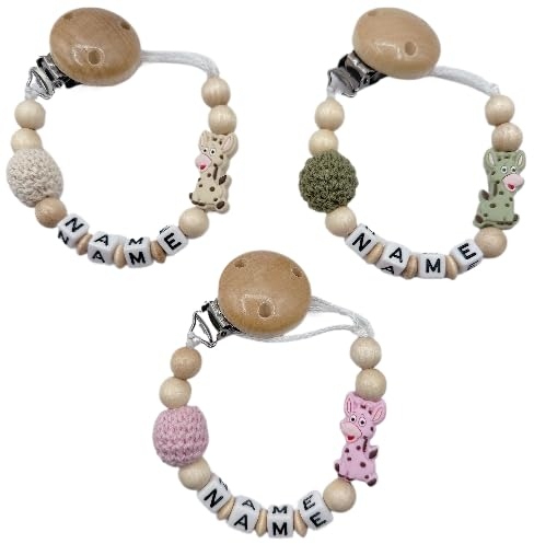personalisiertes Schnulliband Schnullikette Babygeschenk mit Namen Giraffe in Natur/Rosa & Grün Namenskette für Mädchen oder Junge