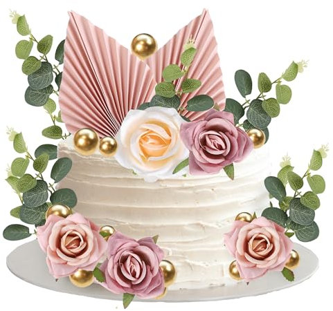 Rsstarxi 22 Pack Rose Artificial Flower Leaves Cake Decorations Gold Balloon Cake Toppers Paper Palm Fan Cake Toppers for DIY Wedding Bithday Valentine's Day Party Cake Decorations Supplie