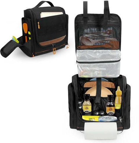 Große taktische hängende Camping-Kochgeschirr-Tasche, Camping-Küchen-Organizer mit Papierhandtuchhalter und mehreren Taschen, Camping-Kochutensilien-Organizer für Wohnmobil, Zelt, Camper und Grillen,