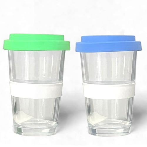 vienberg 2go Glas Trinkbecher mit Deckel | Swiss Made | Glas Kaffeebecher, Smoothie Glas Mehrwegglas, Kaffeetasse to go Becher | Blau Grün Pink | 330ml (2, Blau-Grün)