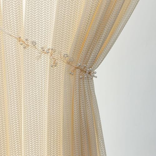 Beydodo Vorhänge Halbtransparent, Gardinenschals 2er Set Schlaufen 132x214CM Nordisch mit Wellen Muster Gardinen Polyester Beige Lichtdurchlässig Schiebevorhänge Wohnzimmer Schlafzimmer