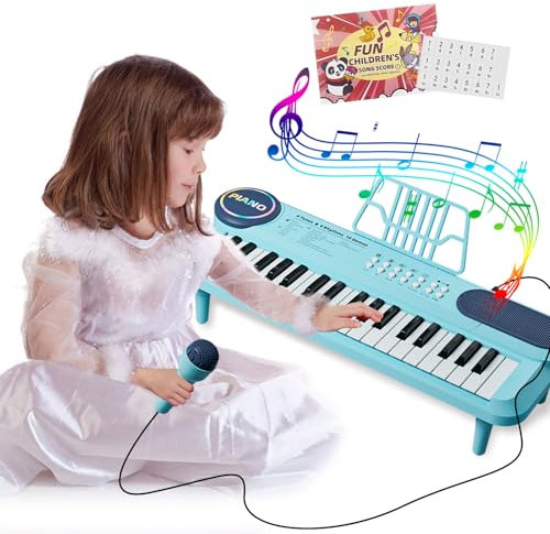 Teclado Piano Electrónico Azul 37 Teclas para Niños, Instrumento Portátil con Micrófono para Niños Niñas de 2 3 4 5 6 Años, Regalos de Música Educativos para Cumpleaños y Navidad