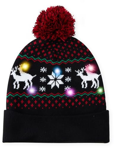Fanient Weihnachtsmütze mit LED Licht Gestrickte Leichte Mütze Lustige Weihnachtsmützen für Unisex Erwachsene Kinder Holiday Party Hats