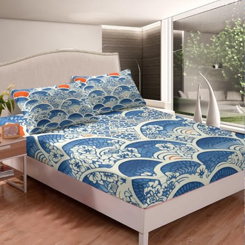 Homemissing Kids Japanese Fitted Sheet King Size Blue Scale Fan Pattern Bed Sheet Set for Boys Girls Flower Floral Bedding Set Bed Cover Deep Pocket Room Decor,Top Sheet Not Included