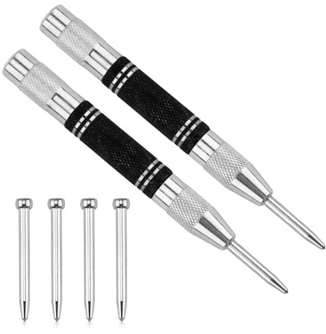 Punzone Centro 2 Pezzi, Punzone per Metallo, Punzone Centrale Automatico 128 x12.5MM con 4 Punte di Ricambio, Punzone per Metallo, Bulino Automatico per Legno, Metallo e Vetro