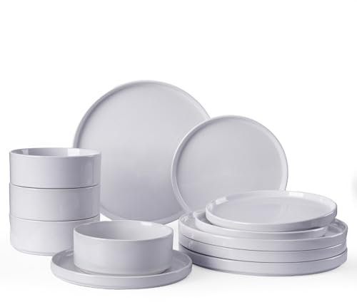 Richmount Nebula Geschirrset 4 Personen, 12-teiliges Teller Set und das Schüsselset, Sprenkel Steingut Geschirr Set, Kombiservice Geschirr Set, Tafelservice, Mikrowellen- & Spülmaschinenfest, Hellgrau