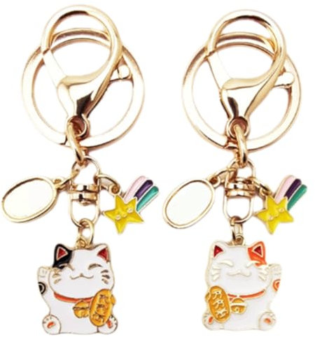 NHQZ 2 pièces Porte Clé Chat Porte-Bonheur, Pendentif Porte-Bonheur Chat, Porte-Clés Maneki Neko Style Japonais,Porte Clé Kawaii Pour Sacs À Main, Porte-Clés, Cadeaux (A)