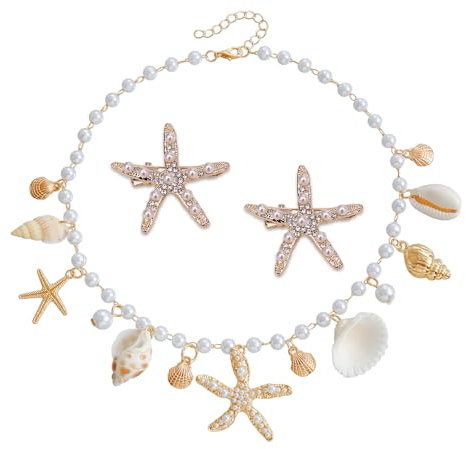 YZROHYI 3 Stück Halskette Muscheln Meerjungfrau Schmuck,Muschelkette Mit Perlen,Boho Seestern Haarspangen,Muschel Anhänger Kette,Muschels Halskette Mode,Muschels Accessoires Damen,Seashell Necklace