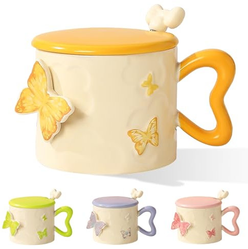 Taza de café de mariposa, taza de cerámica amarilla 350 ml, 3D con mariposas taza de cerámica con tapa y cuchara, taza para leche, café, zumo, dulces regalos para niñas, mamá, novia