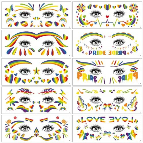 Gosknor 10 Blätter Regenbogen Gesicht Tattoo Aufkleber, Pride Temporäre Tattoos für LGBT Wasserdicht Bunte Herz Stern Fake Aufkleber für Pride Paraden Festivals & Party Makeup