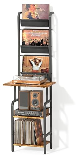 Bikoney Mobile Giradischi Alto con Supporto per Vinili – Tavolino per Giradischi con Ripiano Espositivo e Fissaggio a Muro, Porta Vinili per Fino a 200 Dischi per Soggiorno o Camera da Letto