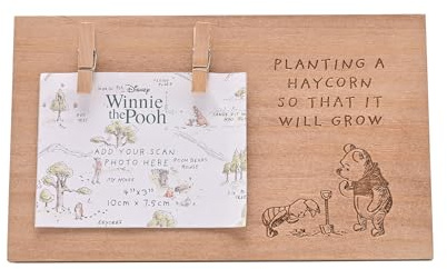 Disney Winnie The Pooh Baby Scan Frame Rustic Wooden Hanging with Clips | New Baby Announcement Gift – Classic Pooh Nursery Decor – Disney Keepsake for Ultrasound Photos