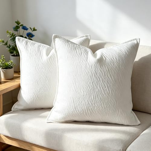 OYIMUA Textur Weich Chenille Deko Kissenbezug 45x45 Weiß 2er Set | Waschbar Sofakissen, Quadratisch Dekokissen, Modern Wurfkissen Zierkissen, Aesthetic Pillow Cover