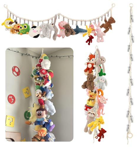 Vesavifaka 80 Boho Cotton Hanging Toy Storage Chain For Stuffed Animals Storage with 20 Metal Clips, Space Saving Stuffed Animals Storage Chain for Wall Corner Nursery Play Room, White