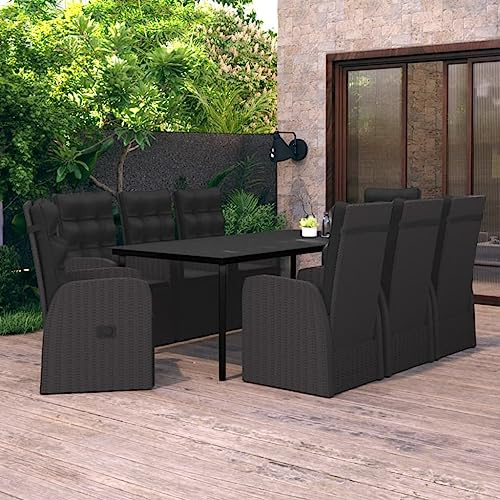 Yunovire 9-TLG. Garten-Essgruppe Schwarz, verstellbare Rattan-Stühle mit Kissen, pulverbeschichteter Stahlrahmen, 200x100cm Glastisch für Terrasse, Garten, Balkon, Außenbereich, hohe Stabilität