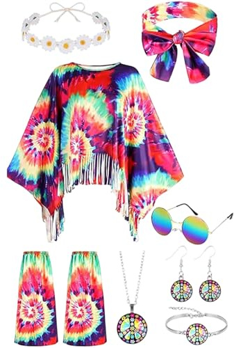8 Stück Hippie Kostüm Damen Set, 70er Jahre Flower Power Kleidung mit Poncho Stirnband Beinstulpen Halskette Brille Haarband Ohrringe Armband für Karneval Fasching Cosplay Retro-Mottoparty
