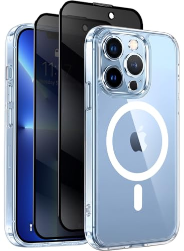 Helssitot Coque pour iPhone 13 Pro Max avec Verre Trempé Anti-Espion | Transparente, Magnétique Compatible avec Mag Safe Militaire Étui Housse Antichoc Bumper Militaire