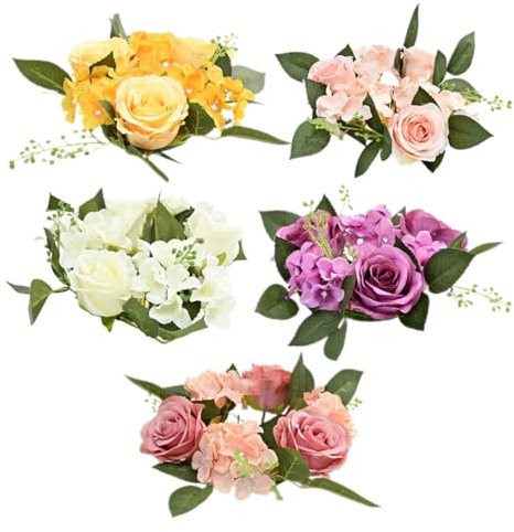 Angoily Couronnes de Bougies 5 Pièces en Roses Artificielles Blanches Roses Jaunes Violettes et Poudré Décoration Table Mariage Centre de Table Guirlande Décorative Réaliste