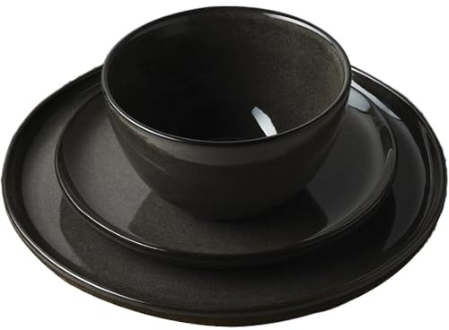 wilko 12 Piece Onyx Dinner Set, Grey, Reactive Glaze, Stoneware, Dishwasher and Microwave Safe, Modern Dining