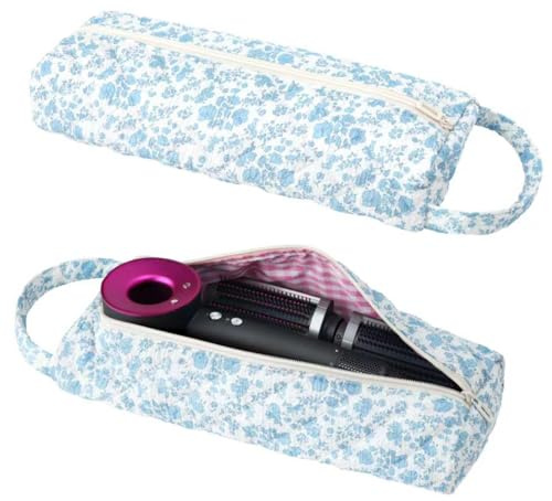 Linpr Tragbare Reisetasche für Lockenstäben, Glätteisen, Blumen Blau | Aufbewahrungstasche für Haartrockner, Hübsche Aufbewahrungstasche, Kompatibel mit Glättkämmen Haarstyling-Geräte und Zubehör