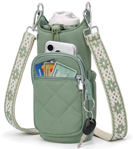Cosblisvia water bottle holder, small water bottle for handbag, carrier bags With Insulated Pocket Strap For Women Men Students, Walking Travel Gym Beach Commute, Green