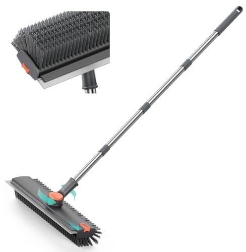 Alyvisun 3 in 1 Floor Scrubbing Brush, V Bristles Deck Scrubbing Brush | With Adjustable Long Handle, Silicone Squeegee and 360° Rotating Head for Patio Bathroom Tiles