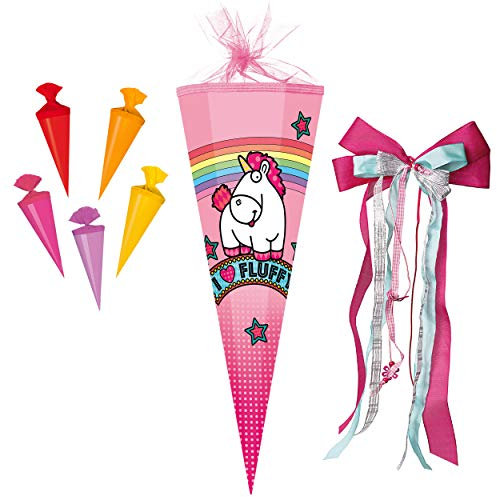 alles-meine.de GmbH Set Schultüte + 5 kleine Zuckertüten - Einhorn Fluffy & Regenbogen - Minions - 50 cm - rund - incl. große Schleife - mit Tüllabschluß - Zuckertüte - mit..