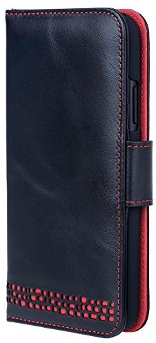 Ed Hicks iPhone XR Vintage Black Real Leather Wallet Case with Red Detailing - Premium Genuine Leather - Stand Function - Built in RFID Protection - Avoids Card Corruption | Re-Purposeable Packaging
