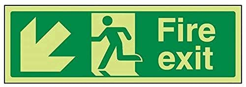 V Safety 14005AX-GS Glow In The Dark Fire Exit Arrow Down Left Sign - 300mm x 100mm - Self Adhesive Vinyl
