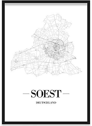 JUNIWORDS Stadtposter, Soest, Wähle eine Größe, 40 x 60 cm, Poster mit Rahmen, Schrift A, Weiß