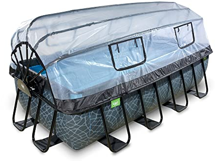 EXIT Toys Stone Pool mit Abdeckung - 400x200x100cm - Großer, Rechteckiger Rahmenpool mit Sandfilterpumpe, Wärmepumpe und Poolleiter - Extra tiefer Pool - Für Sauberes und Warmes Poolwasser - Grau