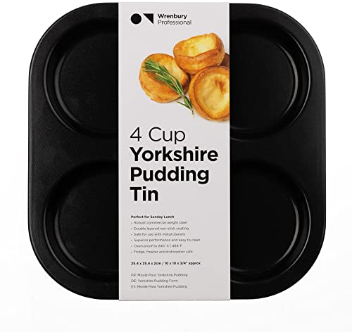 Wrenbury Yorkshire Pudding Tray 4 Cup Twin Pack | Robust Non Stick Yorkshire Pudding Pan Tin – 10 Year Quality Guarantee Baking Tray Yorkshire Puddings (Set of 2)
