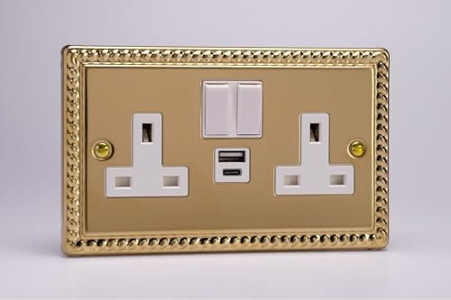 VARILIGHT Georgian Brass Classic Double Socket with 20W Shared USB A & C Charging Ports XG5UACW
