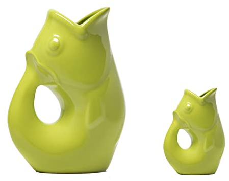 Gurgle Pot Fish Pitcher, Set of 2, Kiwi Green, French Inspired Design, Large Pitcher 42 oz. with baby Gurgle Pot