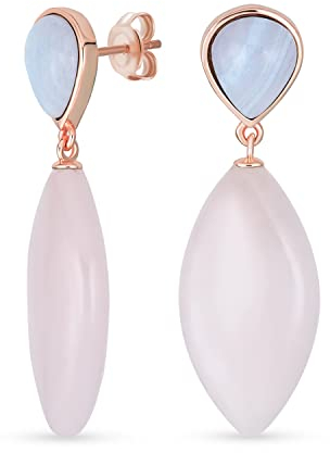 Unico Geometrico Lineare Rosa Quarzo Rombo Forma Lacrima Goccia Naturale Multi-Gemstone Partito Orecchini Pendenti Per Le Donne In 14K Placcato Oro Giallo