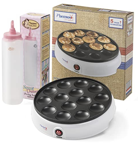 Bestron Poffertjesmaker, Vorteilspaket inkl. Teigflasche für 700ml, ideal für Weihnachten, Ostern oder Kindergeburtstage, Retro Design, 800 Watt, Farbe: Weiß/Rosa