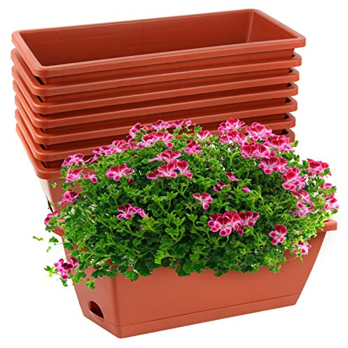 Lot de 8 jardinières rectangulaires en plastique avec trous de drainage et plateaux, pour rebord de fenêtre, terrasse, jardin, décoration d'intérieur, porche, cour (rouge)