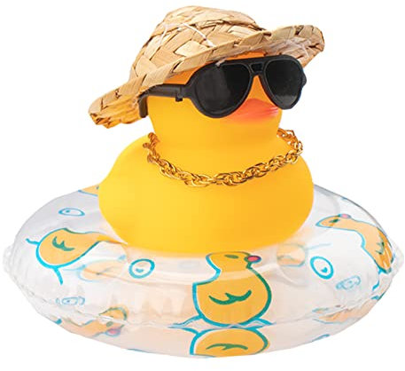 wonuu Car Rubber Duck, Yellow Duck Decoration Dashboard with Sun Hat Swim Ring Necklace Sunglasses for Car Dashboard Decorations (Straw Hat-Transparent)