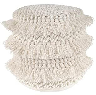 Qiyano Pouf rund im Boho-Stil aus weicher Neuseelandwolle mit Fransen und Quasten Naturmaterial handgefertigt Bohemian-Stil Ethno Hocker Wohnzimmer Schlafzimmer Garderobe Farbe: Elfenbein