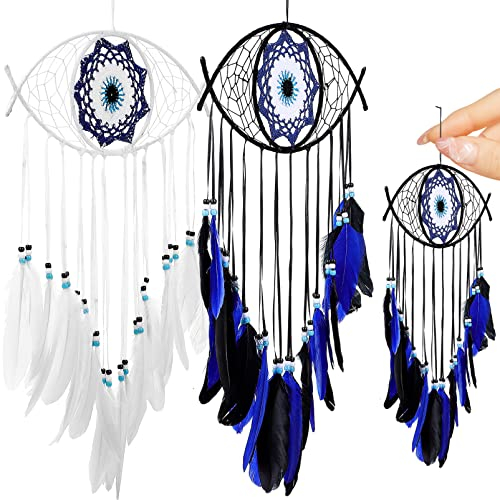 Gadpiparty 2 Stück Böser Blick Traumfänger Großer Böser Blick Makramee Wandbehang Ornament Plume Quasten Zuhause Glück Segen Für Schlafzimmer Hof Zimmer (Weiß Blau)