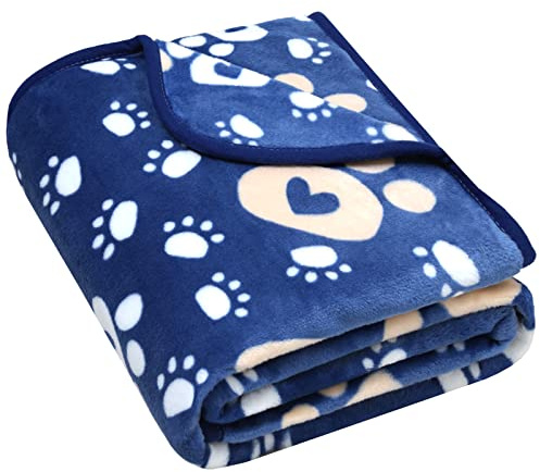AHOOCUSTOM Hundedecke, weiche Fleece-Hundedecken für extra große Hunde, flauschig, Flanell, Haustiere, Katzen, Welpen, Decke für Bett, Couch, niedlicher Pfotenabdruck, blau, 203x152 cm