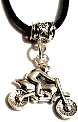 Silver Knight 3D Motorbike & Rider Necklace on an Adjustable Waxed Cord, Biker Necklace, Motorcyclist Necklace, Dirtbike Rider Necklace, Speedway, Motorcycle Jewelry
