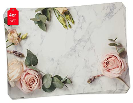 Tischset | Platzset abwaschbar - Rosen auf Marmor - aus erstklassigem Vinyl (Kunststoff - BPA-frei) - 4 Stück - rutschfeste Tischunterlage mit zeitlosem Design - Tischmatte - Made in Germany