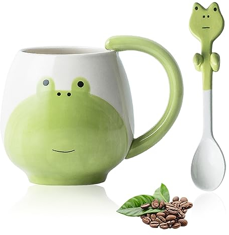 Yuragim Frosch Tasse, SüßeTassen Frösche Becher mit Löffel,400 ml Süß Kaffeetasse Frosch Teetasse Keramik Kaffeebecher Frog Mug für Tee Kaffee Milch,Geschenke zur Einschulung für Kinder Mädchen Jungen