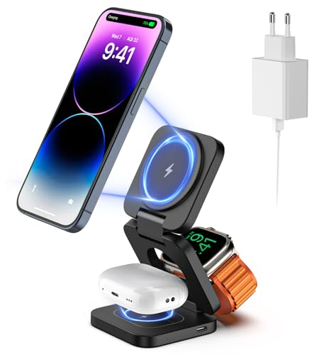 KU XIU X55 Ladegerät 3 in 1 Faltbar Ladestation für iPhone 16/15/14/13/12 Pro/Plus/Pro Max/Mini, 5W schneller Ladeständer für Apple Watch 9/8/7/6/5/4/3/2/SE, für AirPods3/2/Pro mit Adapter