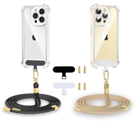 Qyoocom Cuerda para Móvil Ajustable Universal,2*Colgante para Móvil y 4*Parcher,Cordón Correa para Móvil Compatible la Mayoría de Las Fundas de Teléfono Elegante y Funcional Negro y Dorado