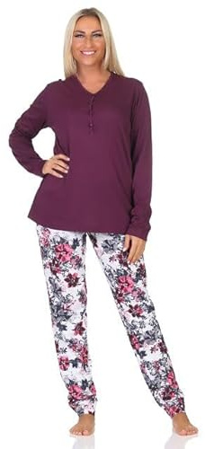 Normann Damen Schlafanzug Langarm Pyjama in floralem Design auch in Übergrössen, Farbe:lila, Größe:44-46