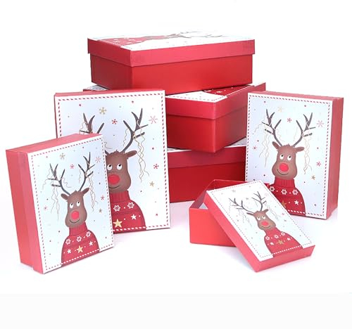 7-tlg. Set Geschenkkarton für Weihnachten - Geschenkboxen für Weihnachten - Große Geschenkkarton Weihnachten - Pappschachteln für Weihnachten - Geschenkschachteln Weihnachten Farbe Rentier mit Lametta