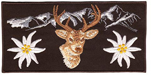 Alpen Berge Dunkelbraun Hirsch Edelweiß Aufnäher zum aufbügeln Bügelbild Applikation Aufbügler für Kleidung gestickter Bügelflicken Blume Tracht Bayern Patch Größe 13 x 6,5 cm