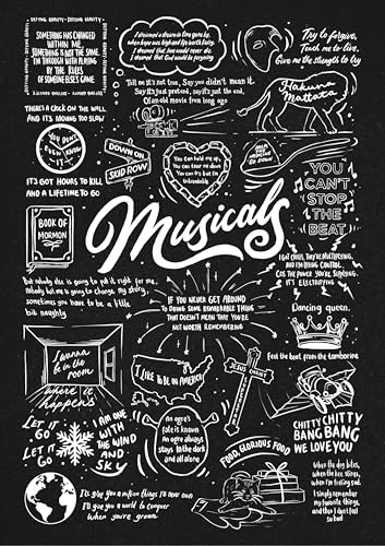 Musicals Doodle Lyric Poster – Musiktheater Druck Geschenke – Musikal-Kunstwerk Geschenk für Musikliebhaber, Fan, Musikposter – Musik-Geschenk (A3, ungerahmt (schwarzer Hintergrund))